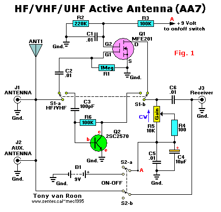 HF / VHF / UHF Aktiv antenne Skjematisk