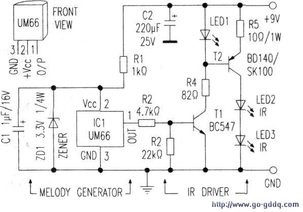 Infravermelho transmissor de sinal e circuitos de receptor de música