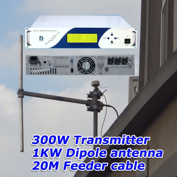 FMUSER 300W Compact FM Stereo Transmitter + 1KW FM Dipole Antenna + konektor kabel feeder 20 meter Set Lengkap