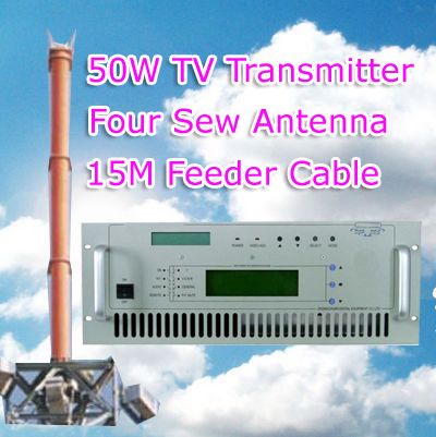 Transmisor de TV FMUSER 50W con antena de coser con cable alimentador de 15 metros set completo