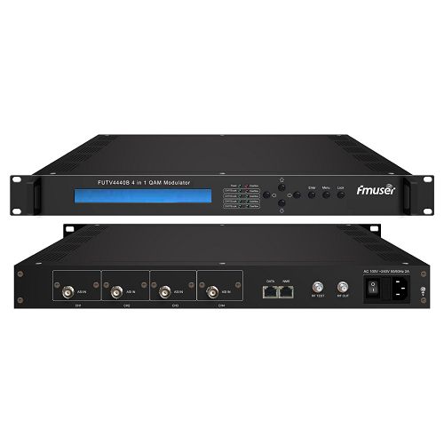 FMUSER FUTV4440B 4 в 1 QAM модулатор (незадължително 4 * ASI / 4 * QAM / 4 * DVB-S тунер / 4 * DVB-S2 тунер Input, RF Output) с управление на мрежата
