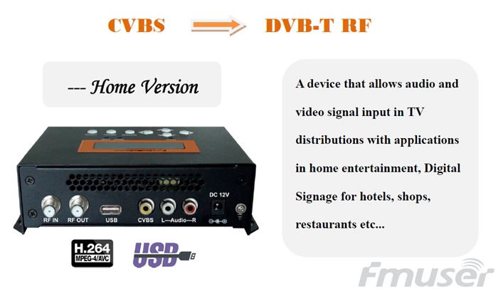 FMUSER FUTV4622A DVB-T MPEG-4 AVC / H.264 Modulador codificador SD ( sintonizador, entrada CVBS / RCA; salida RF) con actualización USB para uso  doméstico