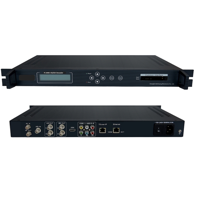 FMUSER FC-6401 DVB-S / S2 SD / HD Decoder dengan 2CI (DVB-S / ASI dalam, ASI / AV / HDMI / YPbPr / SDI / IP keluar)