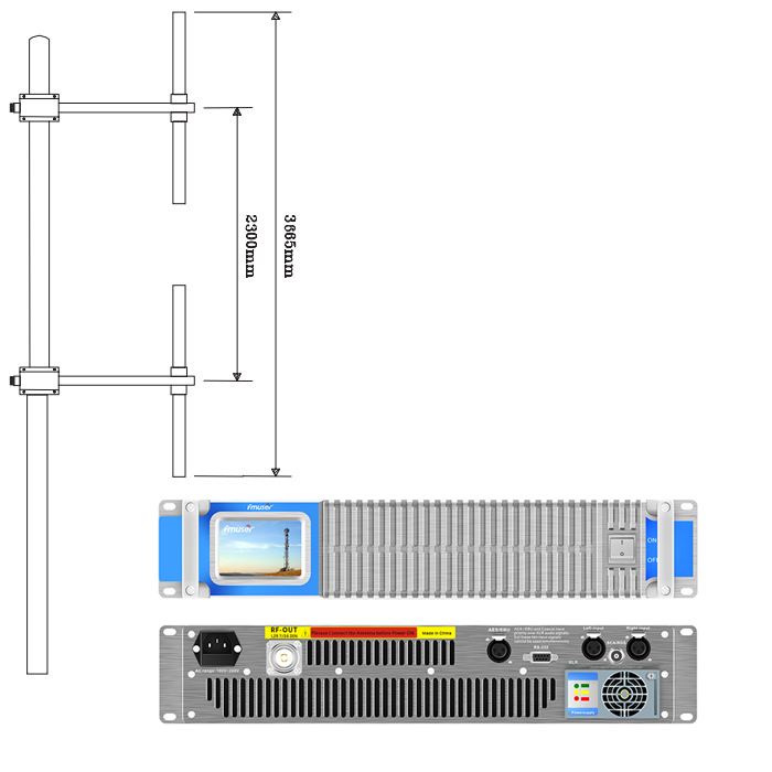 FMUSER 2KW FM TX Gyda Phecyn Dau Antena (Trosglwyddydd 2000W FM + Antena Dipole Dau Fae + Cebl Cyfechelog 30M)