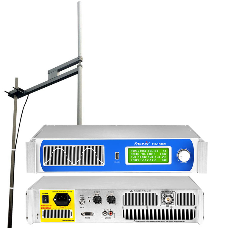 Trosglwyddydd FMUSER FU-1000C 1000W FM + Antena Dipole 2KW + Cable Cyfechelog 30M KIT