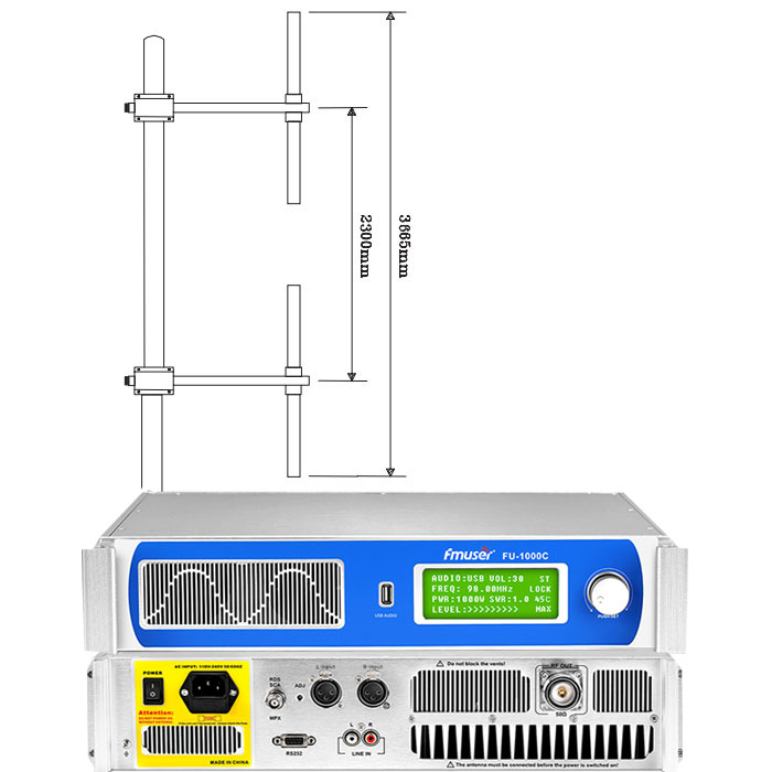 FMUSER FU-1000C 1000W FM-sender + 2-baai Dipole-antenne + 30M koaksiale kabelset