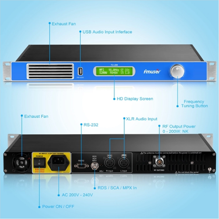 Transmisor FM FMUSER 200W RDS con interfaz de entrada de audio USB